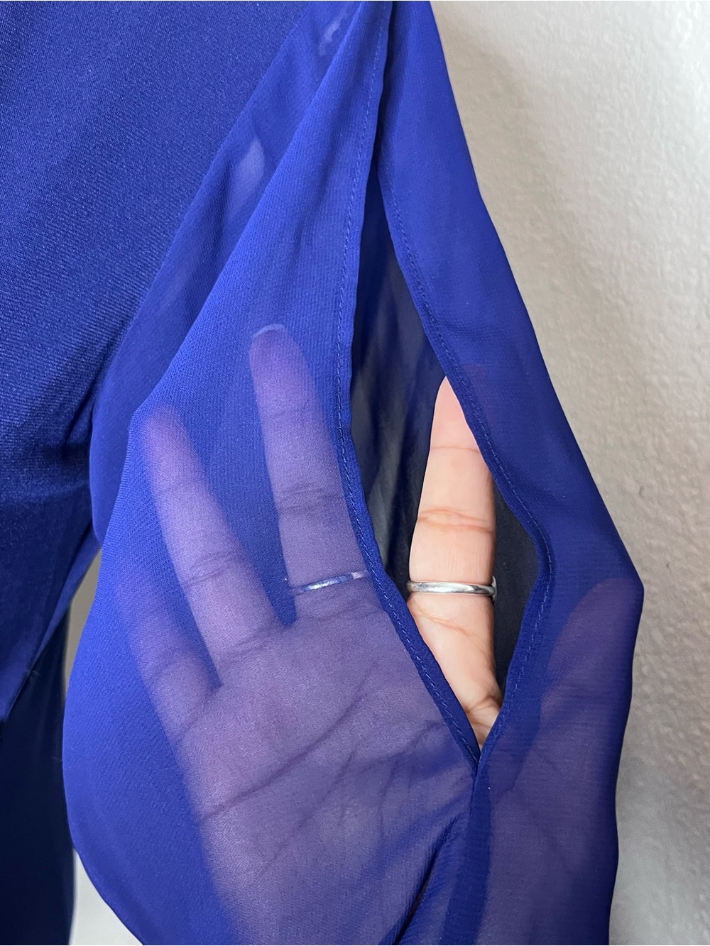Royal Blue Sheer Bell-Sleeve V-Neck Faux Wrap Cocktail Evening Blouse Sz S - Picture 13 of 16
